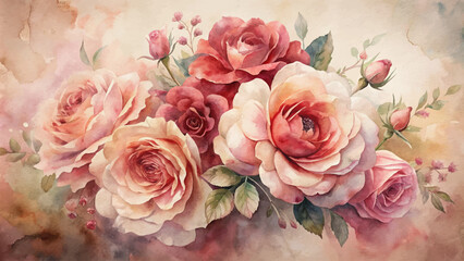 Watercolor background of bouquet roses