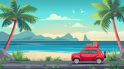 Car travel on the highway with the beach, summer landscape with red car with luggage, palm trees, sea and mountains.