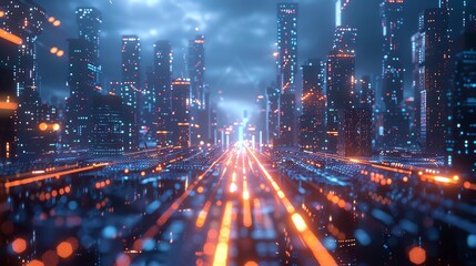 Obraz premium Close-Up of Nanotechnology Research: Exploring the Tiny Innovations of Tomorrow, Overlay layers with city background and holograms of technology icons are in the foreground, intersected by glowing