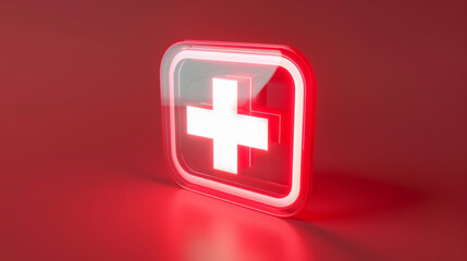 Obraz premium Illuminated red cross medical symbol on a red background, representing healthcare, emergency, and medical services.