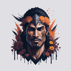 Aztec warrior with vivid, colorful feathers and intricate tribal tattoos, symbolizing honor and bravery.