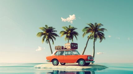 Vintage car with luggage on top, parked on an island with palm trees, ready for a summer travel. Vacation travel concept.
