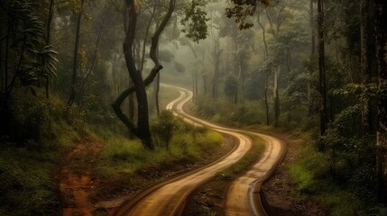 Fototapeta premium The route used in the national park, the winding road in the forest, tall trees, dark air, mysterious nature.