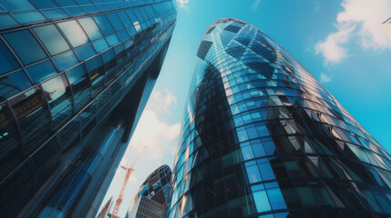 Low-angle view of modern glass skyscrapers reflecting the blue sky, symbolizing urban development and architectural innovation.