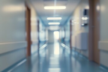 Empty hospital hallway with blue floor and bright white walls. Healthcare concept.
