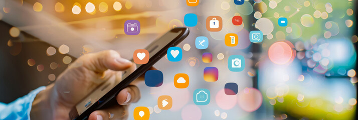 Obraz premium Hand holding smartphone with social media icons - A conceptual image showing a hand holding a smartphone with floating social media icons around as a representation of online connectivity