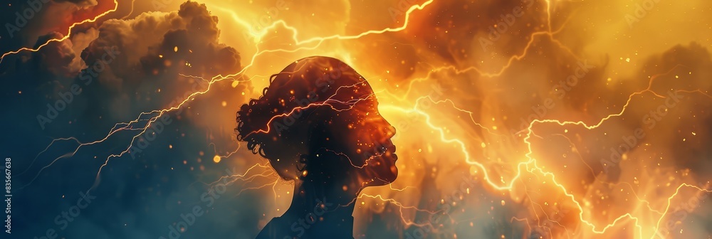 Poster silhouette of a person with a background of fire - a person's outline emerges with a head filled wit