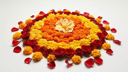 A vibrant side view of a traditional flower rangoli for Diwali