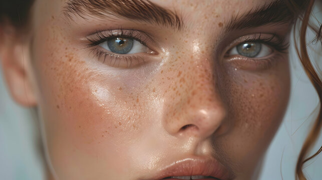 A close-up of a model's face with natural, dewy makeup, captured in a studio with soft, diffused lighting to highlight the model's skin texture and natural beauty