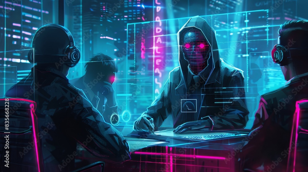 Poster cybersecurity team in a high-tech office - cybersecurity experts work in a neon-lit, high-tech envir