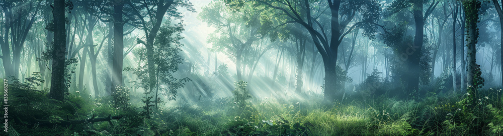 Poster mystical forest with sunrays - ethereal panorama of a misty forest with sunrays filtering through th