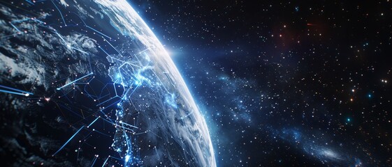 Obraz premium A detailed view of Earth with digital connections in the cosmos, representing global communication and advanced technology.