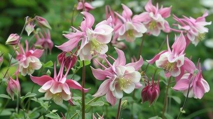 Pink and white flowers of the aquilegia plant