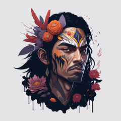 Tribal tattoos and vivid feathers adorn this colorful Aztec warrior in a pose of honor.