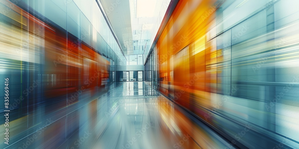 Sticker A blurry image of a train station with a long hallway and orange walls