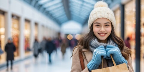 Obraz premium Beautiful young woman wearing winter clothes and gloves carrying shopping bags
