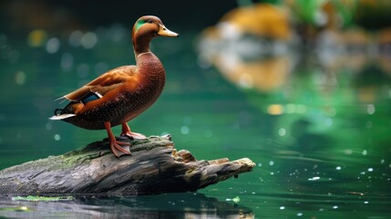 Duck with golden brown feathers balancing on a single leg on a floating log surrounded by green water landscape