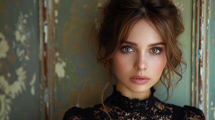 Fototapeta premium Portrait of a beautiful young woman - A close-up portrait of a gorgeous young woman with stunning eyes and a high fashion look