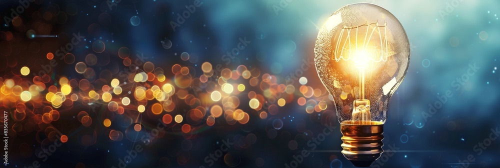 Poster illuminated light bulb on bokeh background - a glowing light bulb against a bokeh background symboli