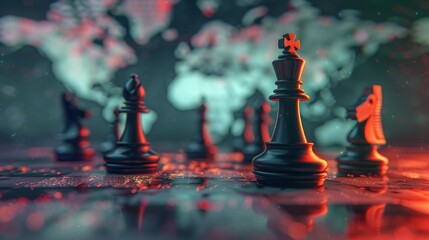 Strategic chess pieces in a moody setup - A dramatic and atmospheric shot of chess pieces on a board with a strategic focus