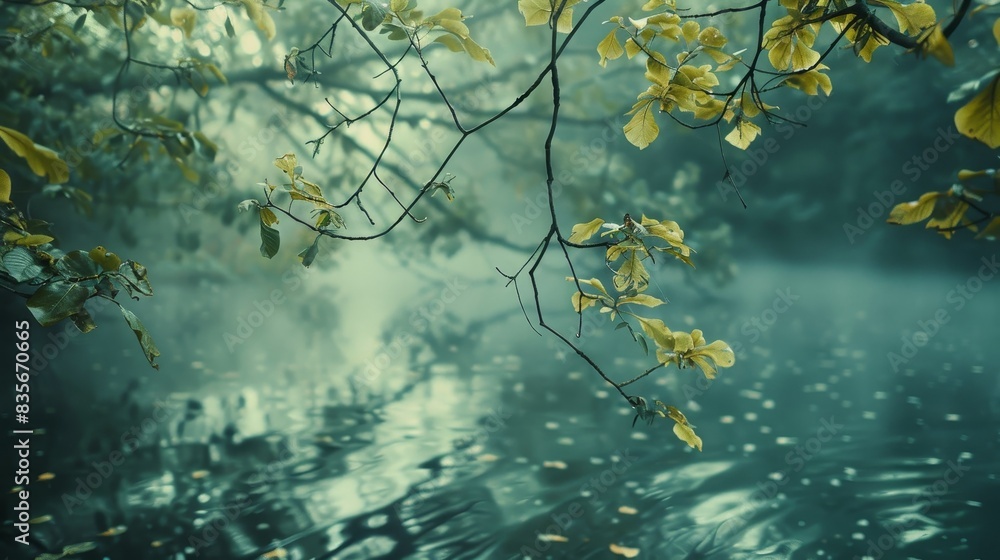 Poster tranquil forest pond with hanging branches - a serene scene with overhanging branches and a reflecti