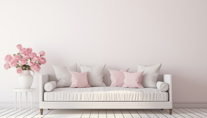 Elegant white sofa with pink pillows and a vase of pink roses in front of a white wall 3d rendering