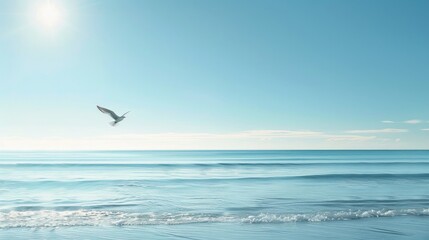 Seagull flying over calm sea - A serene seascape with a seagull flying over the calm ocean under a clear sky