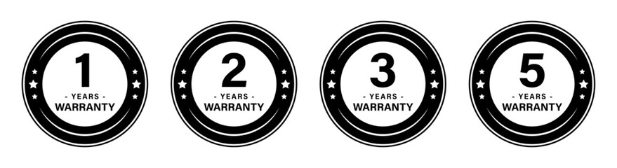 1, 2, 3 and 5 years warranty stamp with stars in circle for product quality assurance. 1, 2, 3, and 5-year warranty label or seal flat icon in black and white vector logo