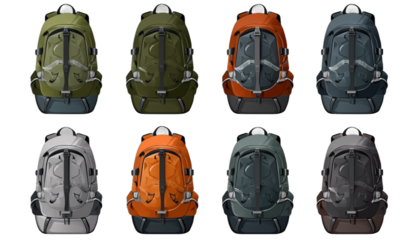 A set of six realistic vector illustrations of backpacks in different colors