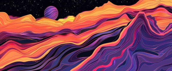 Data Waves Merging In An Abstract Landscape, Cartoon Style, Background