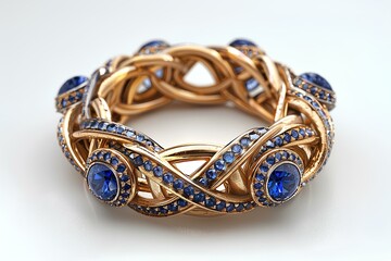 A close up of a gold bracelet with blue stones