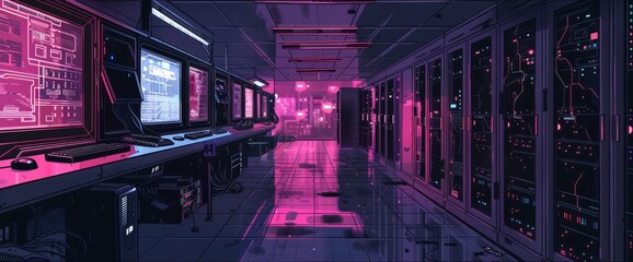 Obraz premium Dynamic Data Flows In A Cyberpunk Setting, Cartoon Style, Background