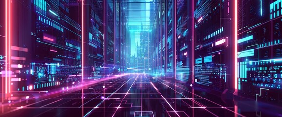 Fototapeta premium Dynamic Data Flows In A Cyberpunk Setting, Cartoon Style, Background