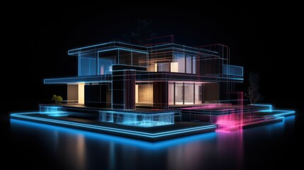 hologram, Sketch design and drafting of wireframe of building a modern house becoming real. 3d illustration, Digital project visualization.