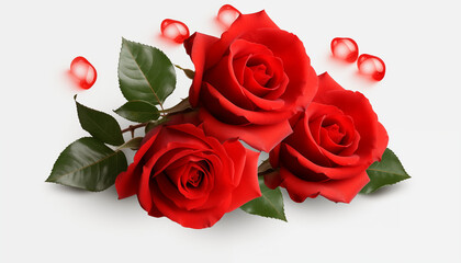 Three beautiful red roses with green leaves on a white background Perfect for Valentines Day Mothers Day or any other special occasion