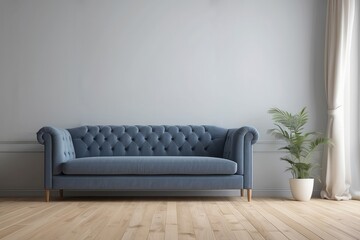 Fototapeta premium Interior home of living room with blue sofa and plants on white wall copy space mock up, hardwood floor