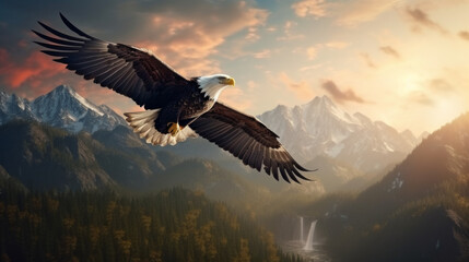 Fototapeta premium The scene is serene and peaceful, with the eagle soaring high in the sky