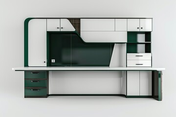white and dark green modern wooden office cabinet design with led light isolated on white background