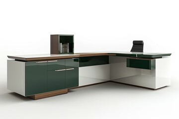white and dark green modern wooden office cabinet design with led light isolated on white background