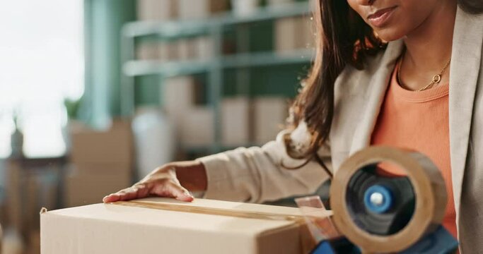 Woman, hands and tape for packing box in business, distribution and freight shipping for export transport. Female person, professional and cardboard cargo to delivery, designer and duct the goods