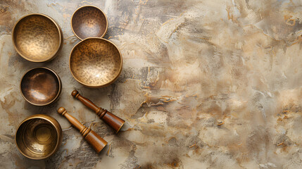 Top view of Tibetan singing bowls and stick on beige stone background, used for mantra meditations, sound healing, and relaxation.