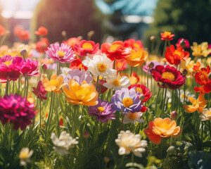 Closeup of a variety of colorful flowers in a field on a sunny day