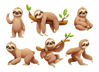 Set of sloth in various poses. Vector cartoon illustration