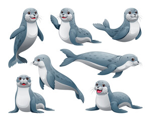 Set of seal in different poses. Vector cartoon illustration
