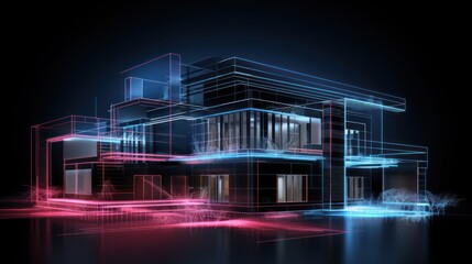 hologram, Sketch design and drafting of wireframe of building a modern house becoming real. 3d illustration, Digital project visualization.