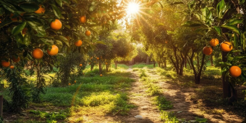 Orange garden in sunny day. Fresh ripe oranges hanging on trees in orange orchard. Fruit farm, beautiful landscape