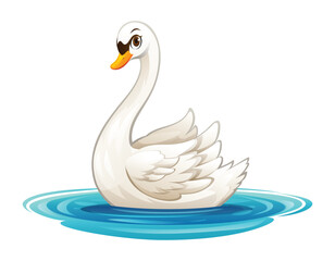 Cartoon swan floating on water. Vector illustration isolated on white background