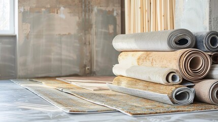 Rolled-up area rugs and floor mats stacked in a corner of an unfurnished living space