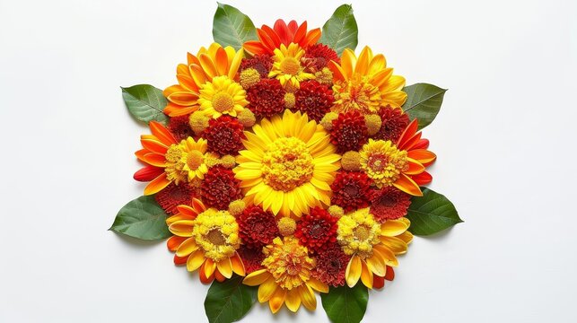 Expansive shot of a traditional flower rangoli crafted from zendu flowers and mango leaves