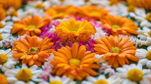 Exquisite close-up of a flower rangoli, showcasing marigold and zendu flowers in mesmerizing symmetrical designs, crisp and vibrant colors, watercolor style, subtle festival-themed background